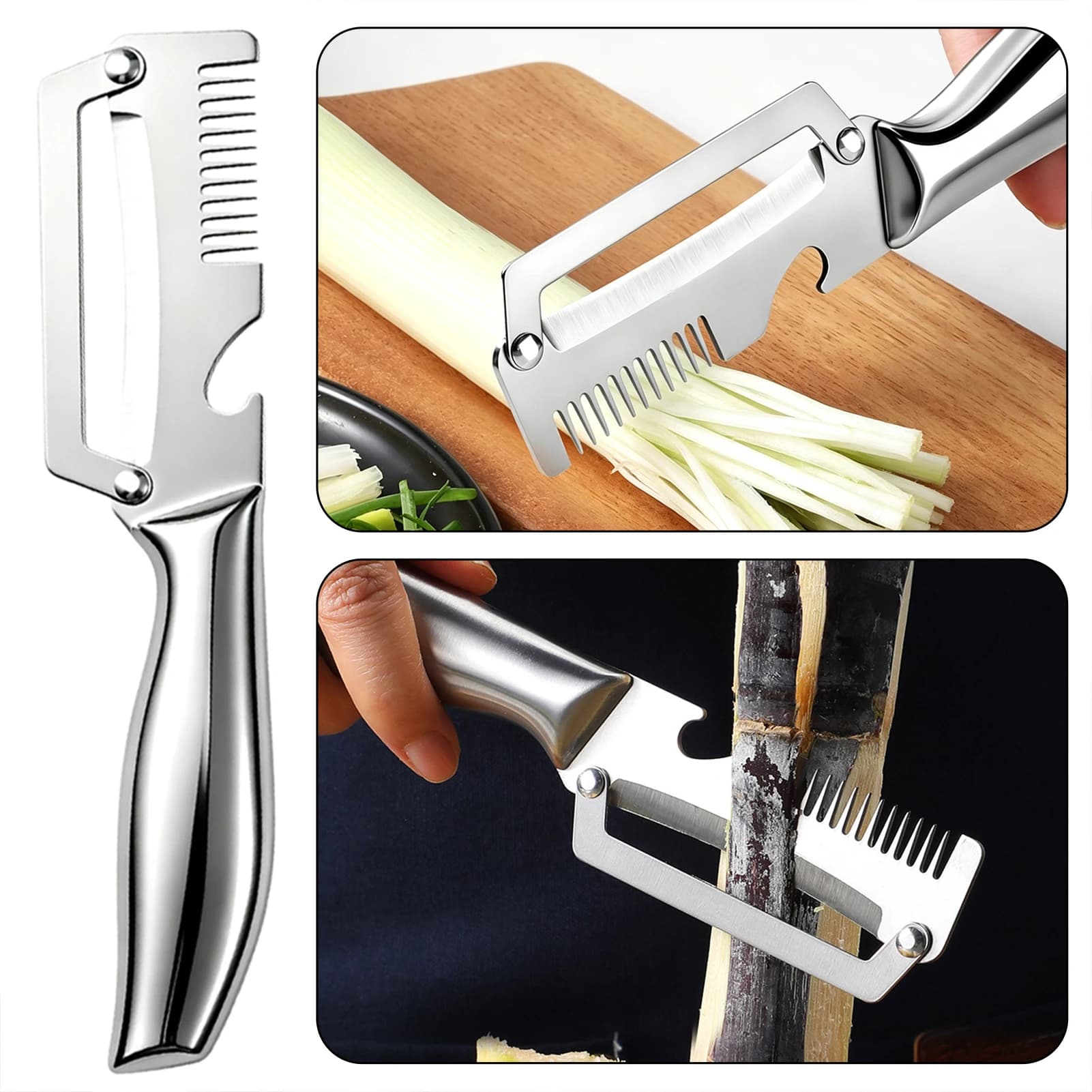 Pelapatate 3 in 1 Pelapatate Coltelli da cucina in acciaio inossidabile Lavabili in lavastoviglie Facile apribottiglie Strumento multiuso per la casa