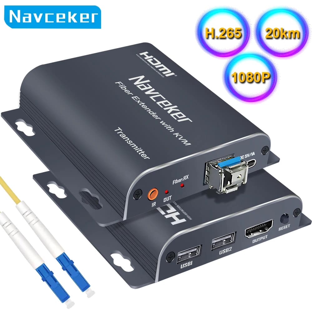 Navceker 20Km HDMI Fiber Optical USB KVM Extender Video Transmitter Over Fiber LC Extender Cable For PC keyboard mouse