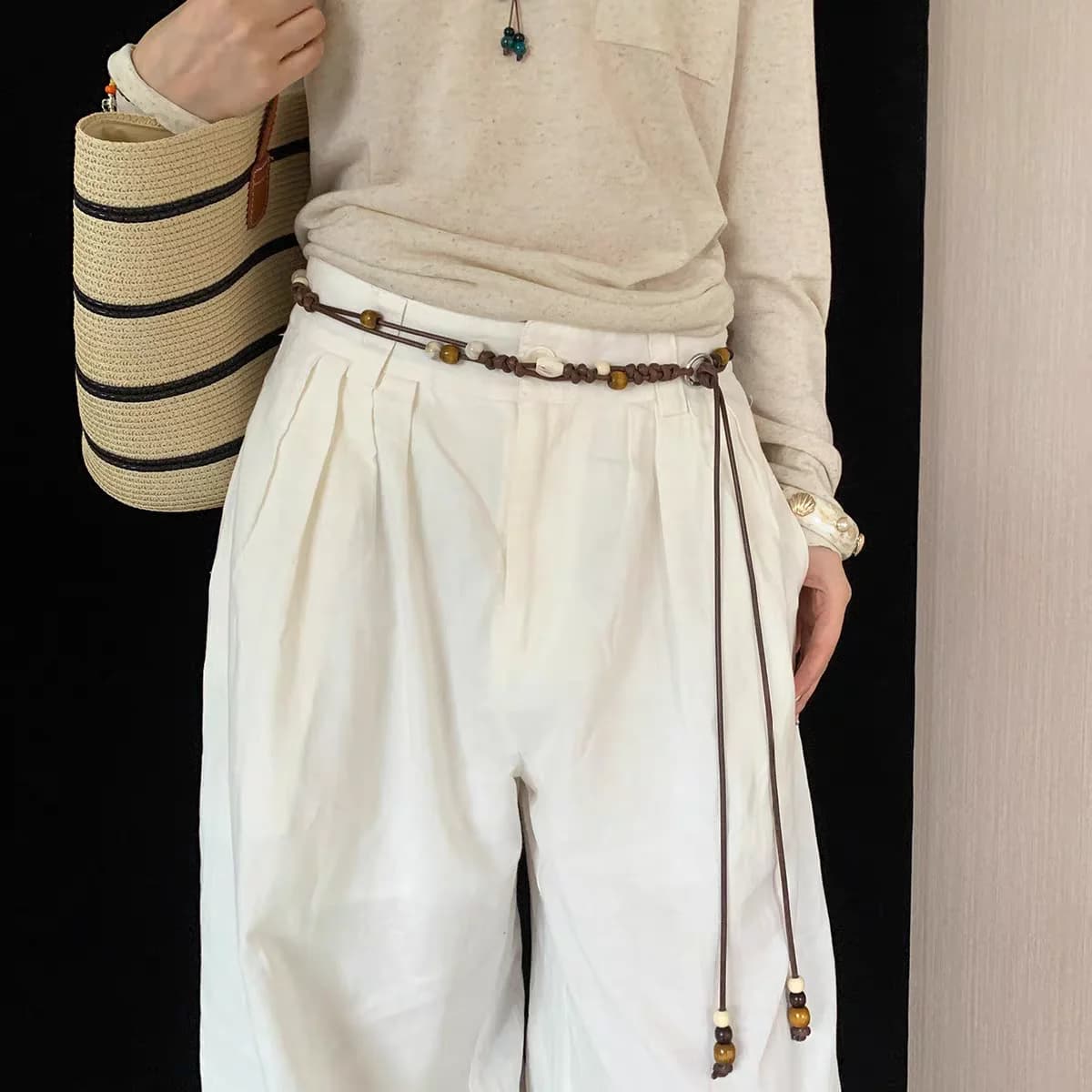 New Fashion Wooden Bead Artisanal Hand-Woven Belt Versatile For Dresses Jeans And Women's Slenderizing Waist Rope