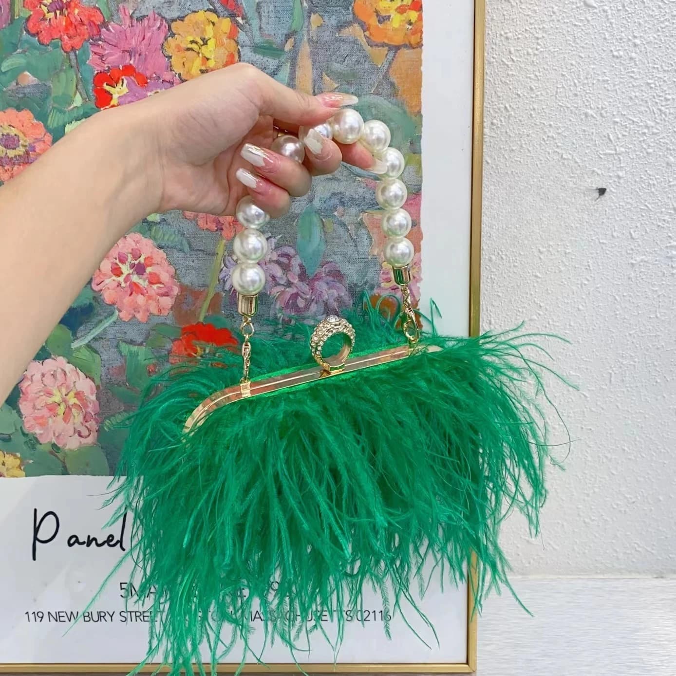 Metal tote shoulder bag with rhinestones and pearls, with ostrich fur tassel and pearl clasp, dumpling style, for elegant evenings