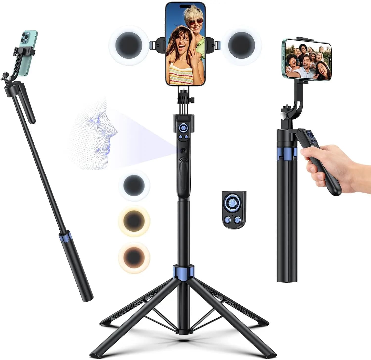 Treppiede Intelligente con Tracciamento del Viso e Luce LED, 360° ° Supporto per fotocamera per telefono da 70 pollici con telecomando Bluetooth, Per