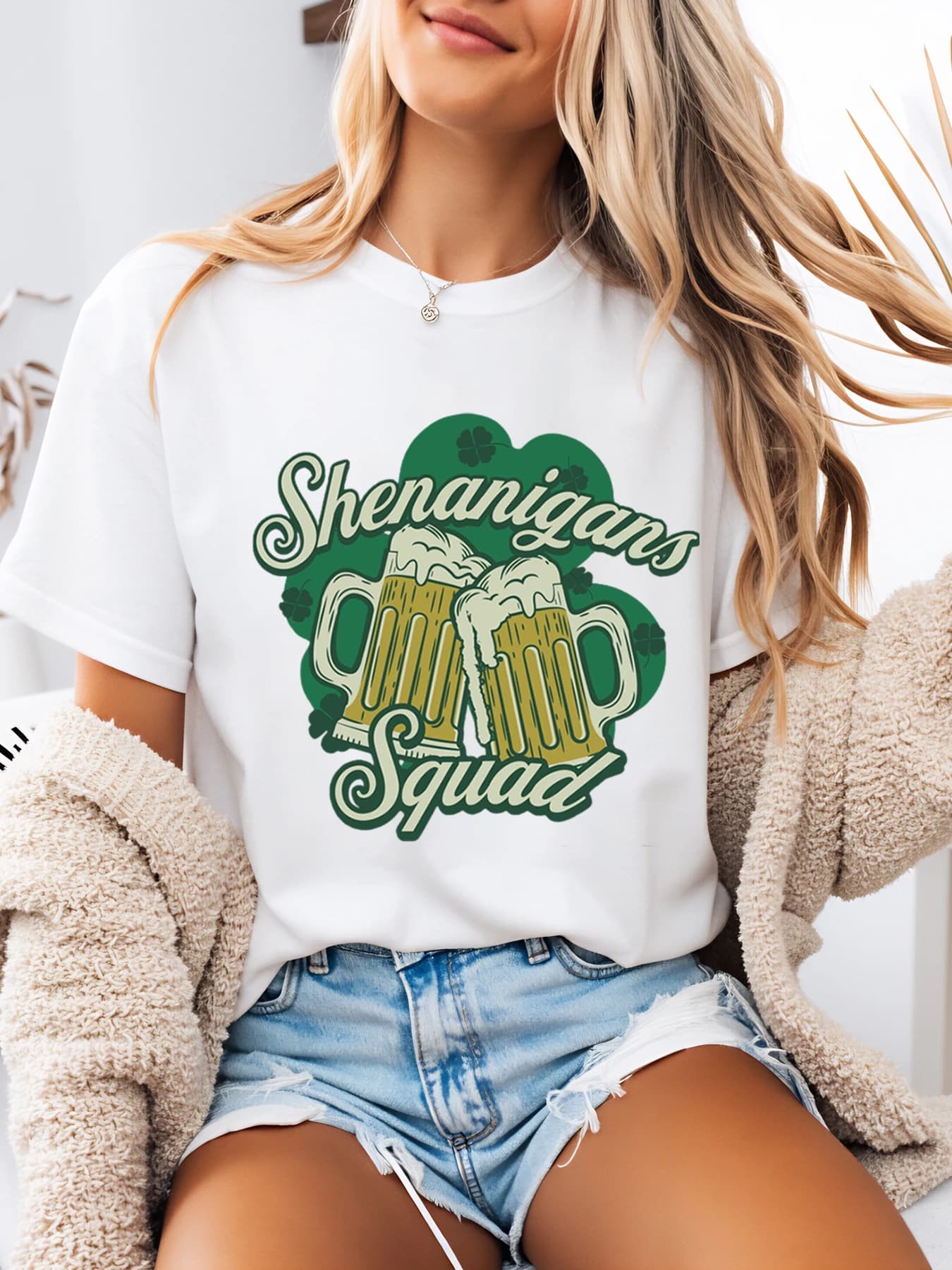 Shenanigans Beer Tugs Design Maglietta per il giorno di San Patrizio Donna Casual Party Wear Bianco Taglie forti