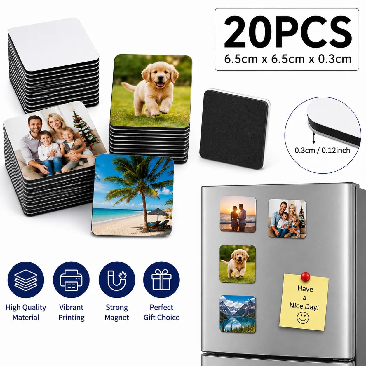20pcs Sublimation Square Blank Fridge Magnets for Home Kitchen Refrigerator Microwave Oven Wall Door Decoration