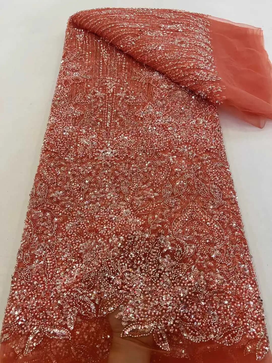 Ultimo Tessuto in Pizzo 3D con Perline Africano Nigeriano 2026, Tessuto in Pizzo a Rete con Paillettes Francesi di Alta Gamma per Abiti da Sposa da Donna