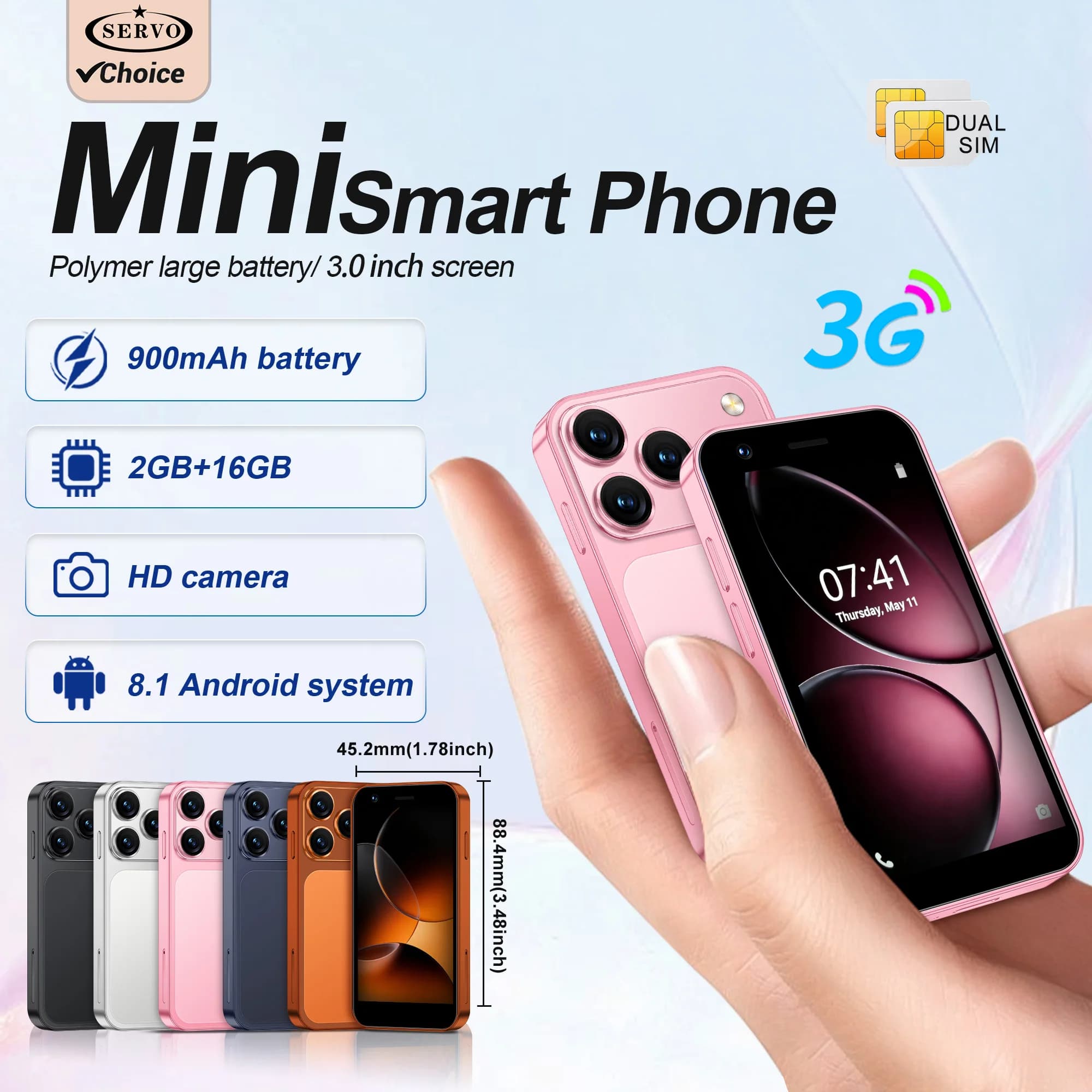 SERVO 18SE Mini Smartphone Android 3G, Display HD da 3.0", 2GB+16GB, GPS, Sblocco Facciale, Telefono Cellulare Dual SIM, Play Store, WIFI