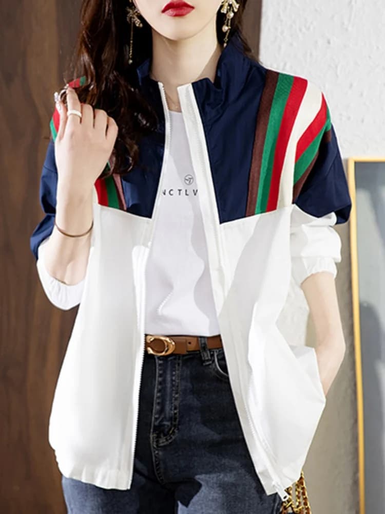 Women's Spring Autumn Lightweight Loose Fashion Outerwear UV Protection Breathable Splice Color Anti-UV Sunscreen Clothes
