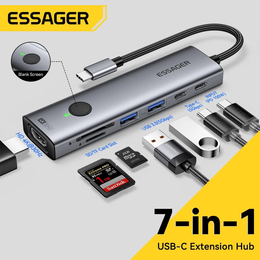 Essager USB C HUB 4K30Hz 7-in-1 Type-C to HDMI-Compatible 100W SD and TF USB3.0 5Gbps for MacBook PC Docking station USB splitter