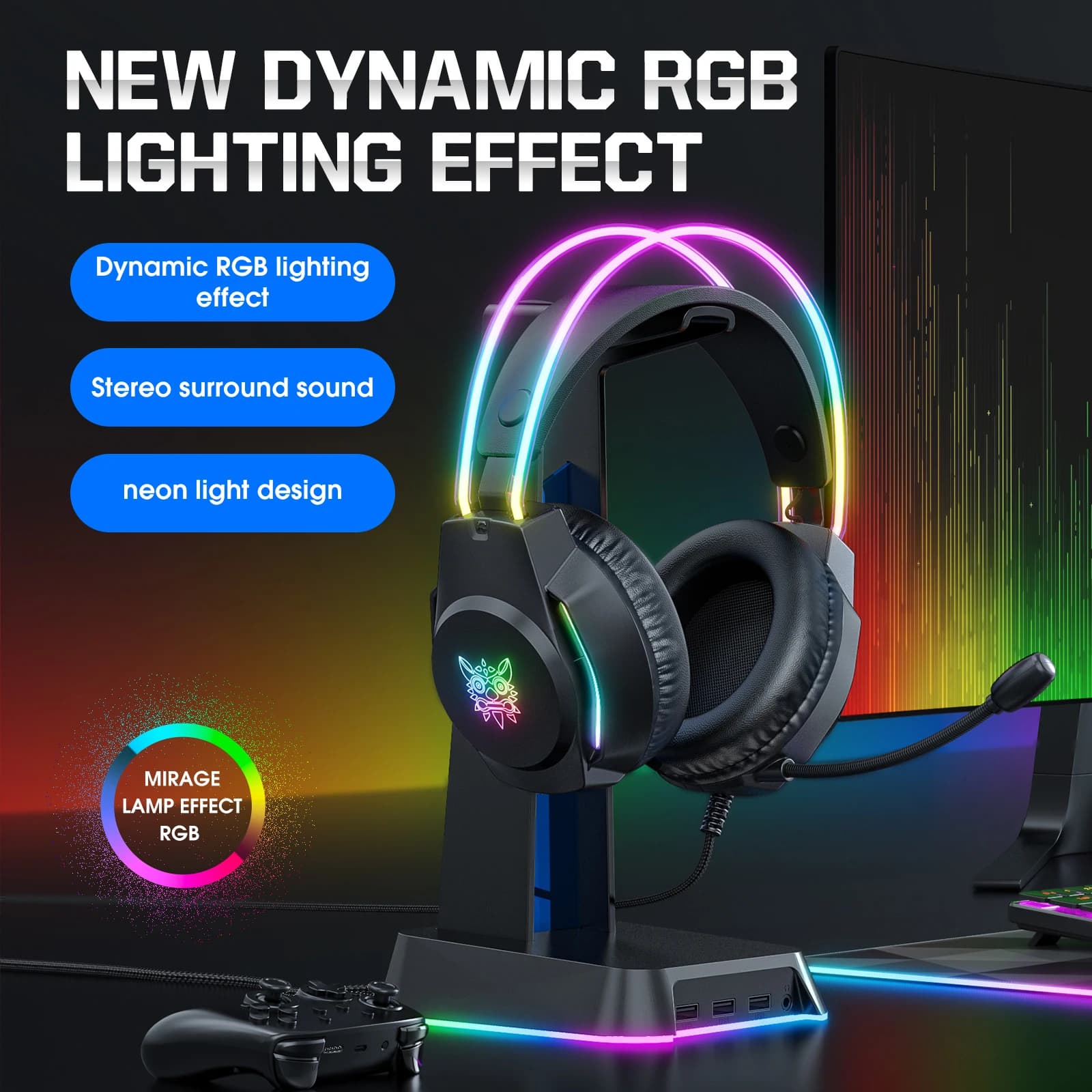ONIKUMA X26 Cuffia cablata con fascia Luce RGB Microfono flessibile Cuffie da gioco Auricolari cablati per computer per PC Gamer PS5