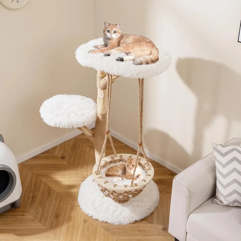 Albero per Gatti in Legno Massello, 123 cm, Torre Moderna con Rami Naturali, Culla Sospesa di Lusso, Tiragraffi in Juta, Personalizzabile