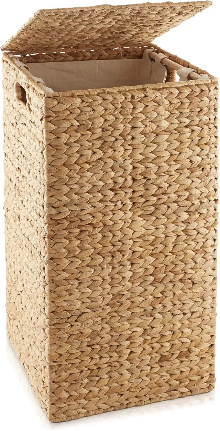 Laundry Hamper with Lid and Removable Liner Bag - Natural, Woven Water Hyacinth Square Laundry Basket Sorter for Clothes and Towels