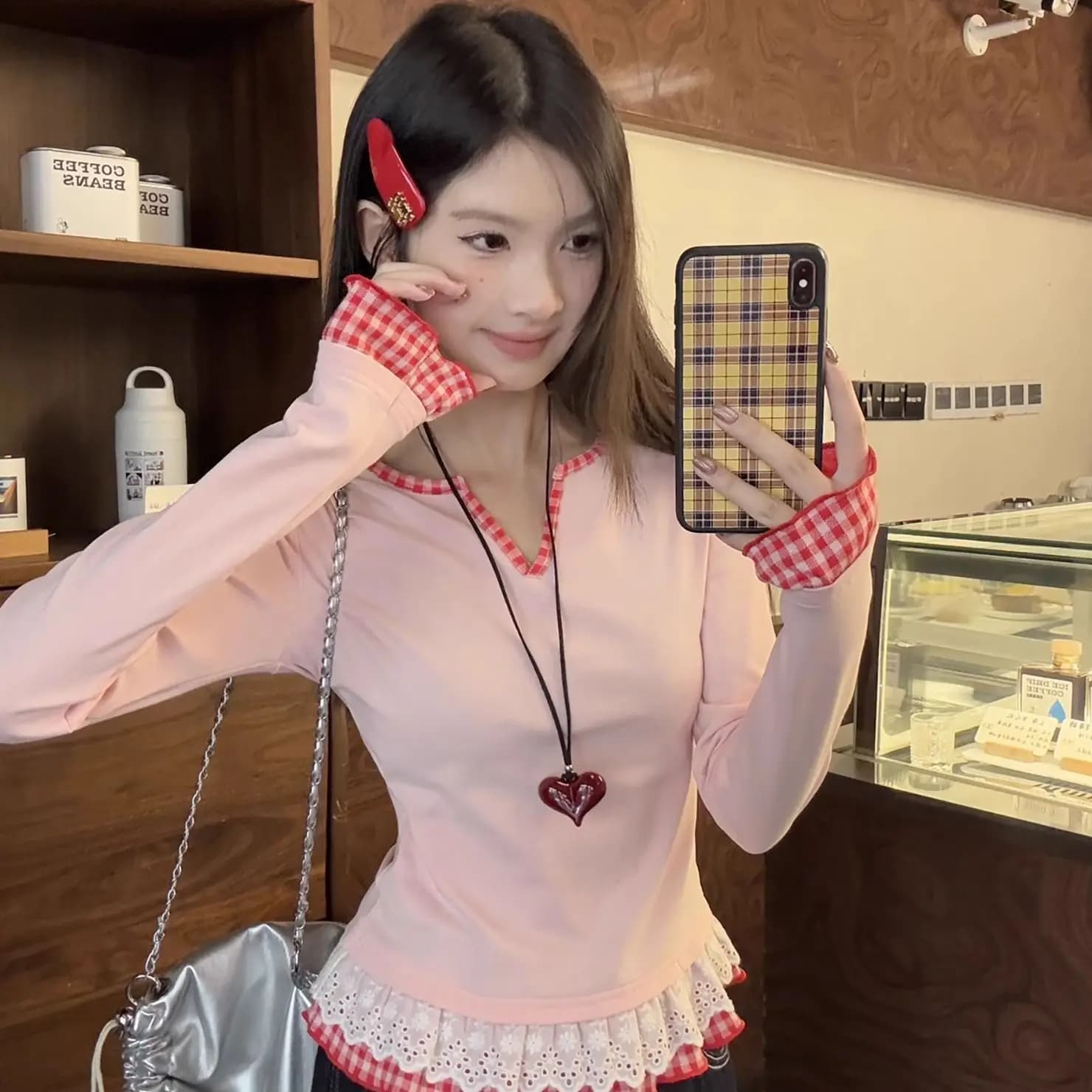 Spring Autumn Long Sleeve T-Shirt Women Plaid Lace Collar Lining