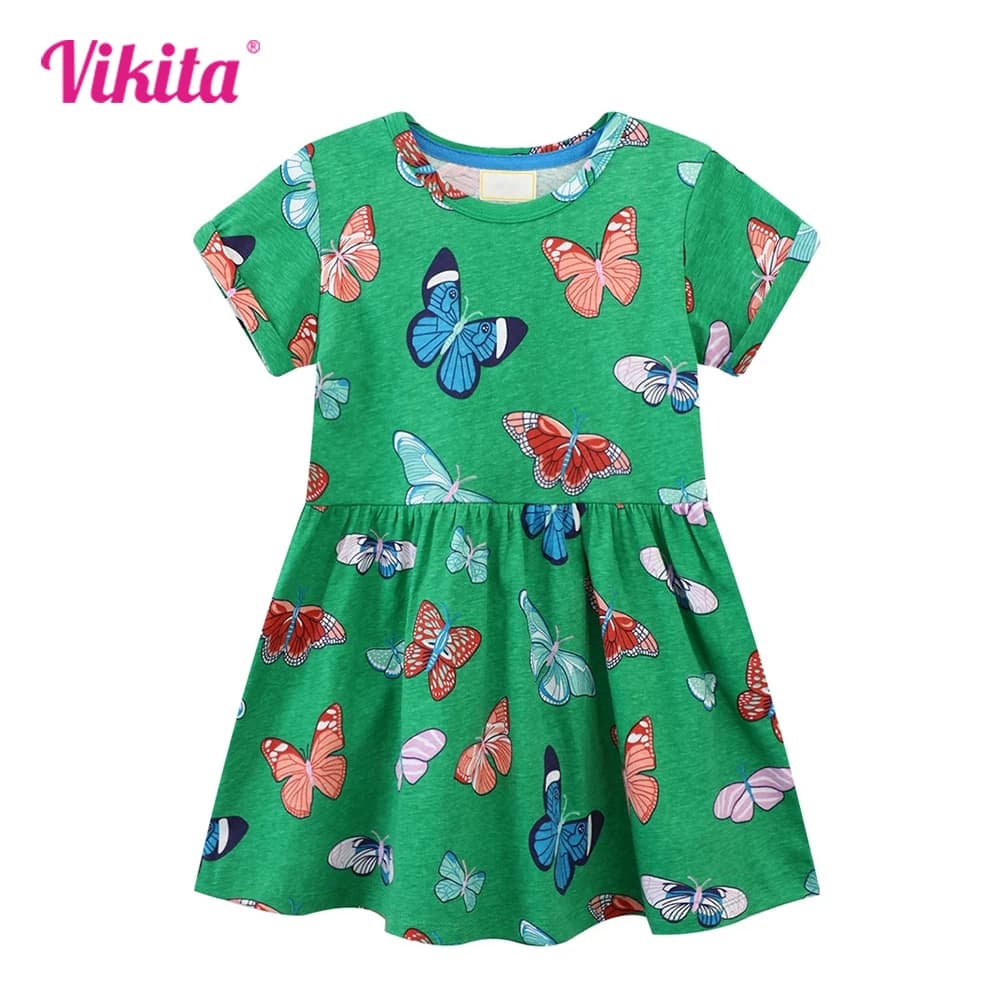 VIKITA Bambini Farfalla Stampa Cartoon Dress Ragazze Manica corta Estate Cotone Casual Verde Abiti dritti Abbigliamento per bambini 3-7Y