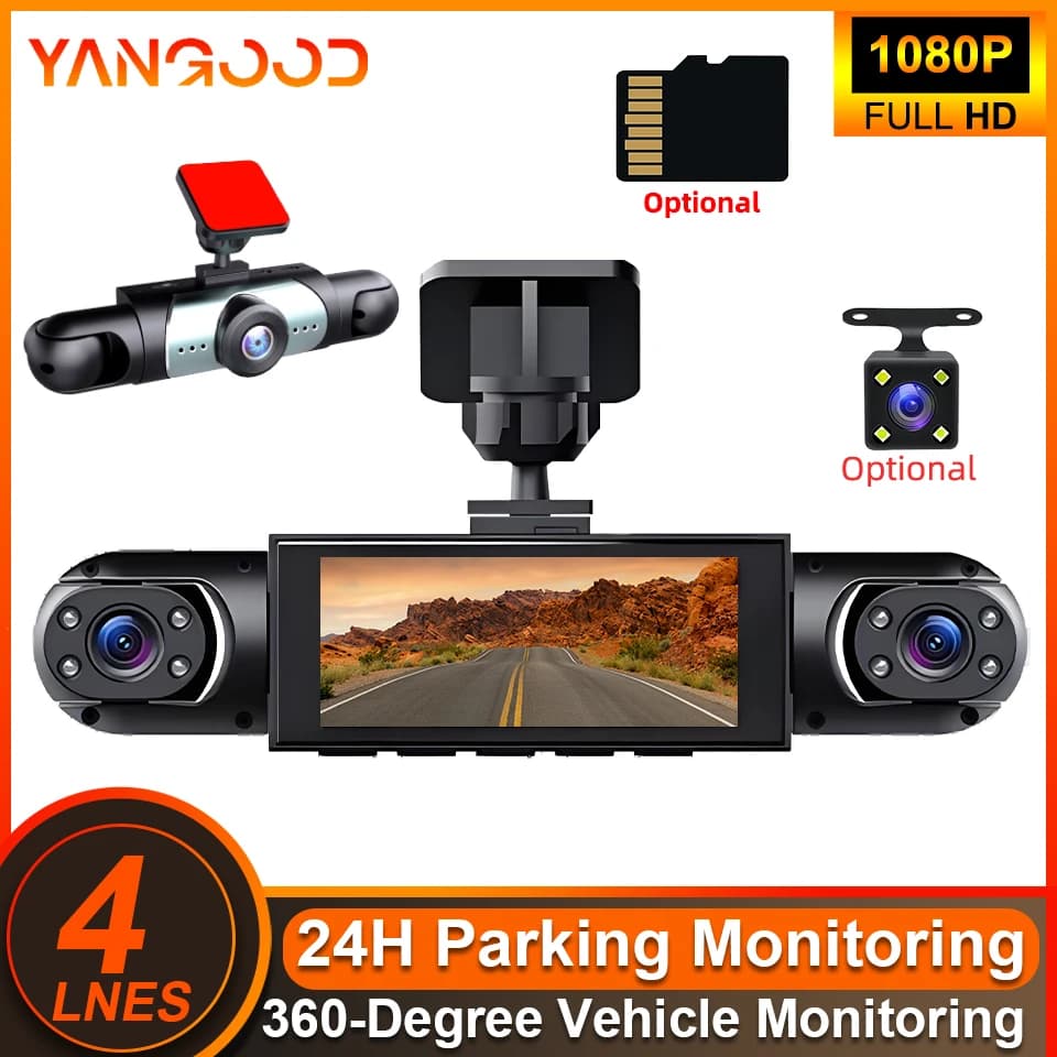 Yangood Dash Cam to 4 Channels 360 ° FHD Front and Rear Camera with Sensor G, Night Vision, Loop Registration and Motion Detection