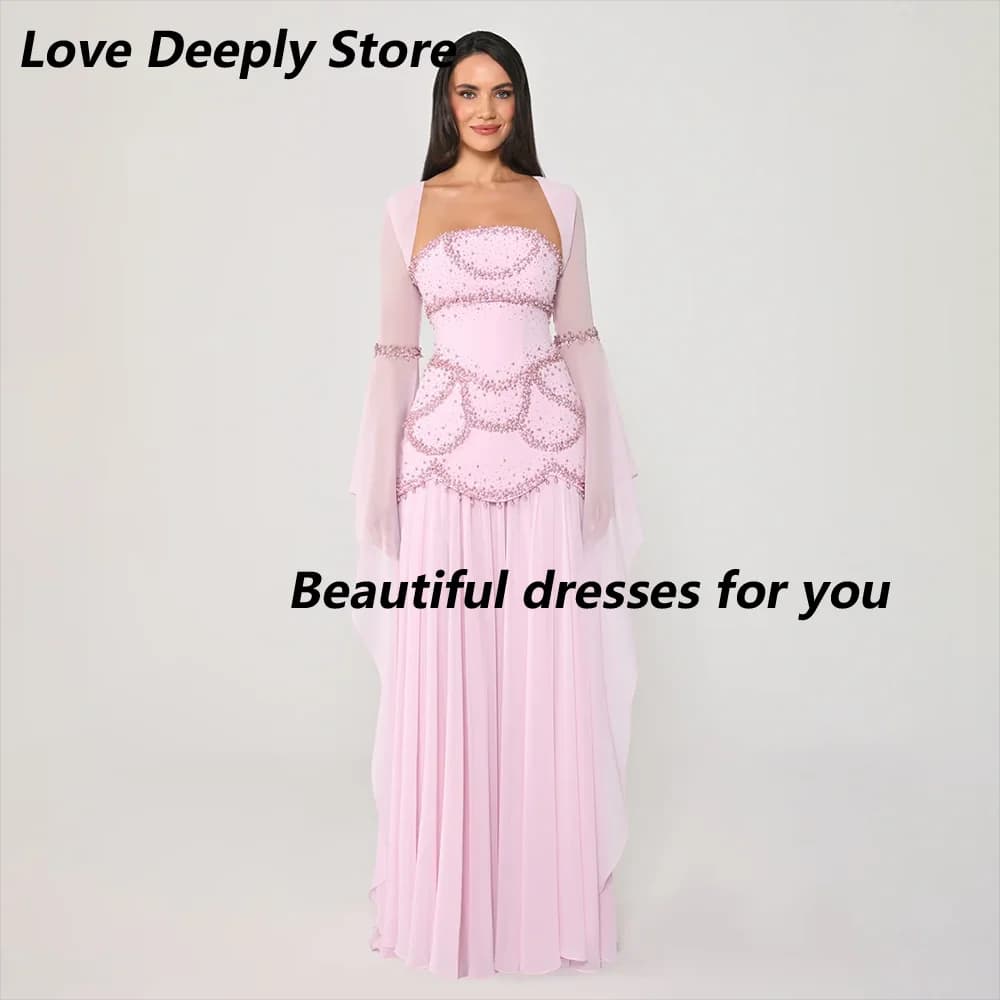 Customized Luxury Pink Evening Dress with Cape Long Sleeves Bead Chiffon A Line Floor Length Formal Party Gowns for Women 2026