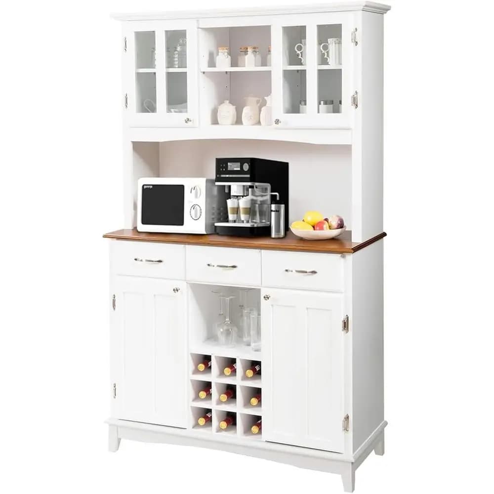 Credenza da Cucina Bianca con Ripiani Regolabili, Portabottiglie, Ante in Vetro Temperato e Supporto per Microonde