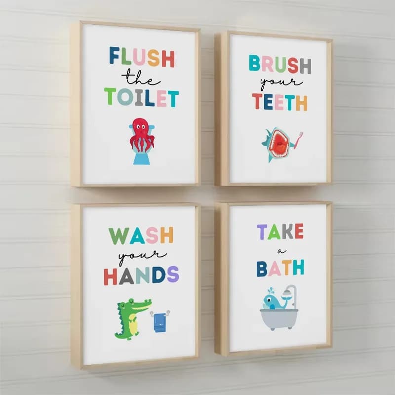 Poster per il Bagno dei Bambini con Animali, Quadro su Tela per Lavaggio Mani e Pulizia Denti, Arte Murale Moderna e Semplice in Stile Cartone Animato