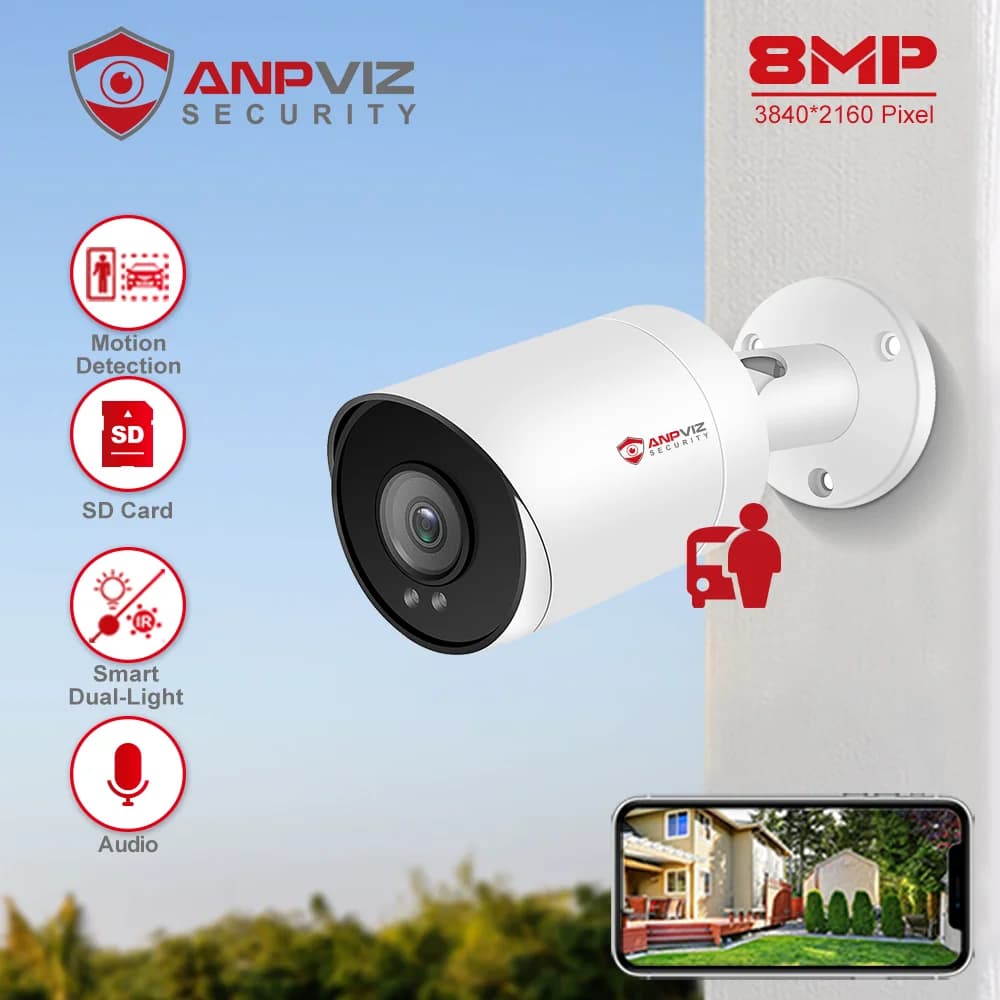 Anpviz 8MP POE IP Telecamera bullet esterna 24/7 ColorVU 30m CCTV Video sorveglianza IP67 Scheda SD H.265 Audio Motion Detection 2.0