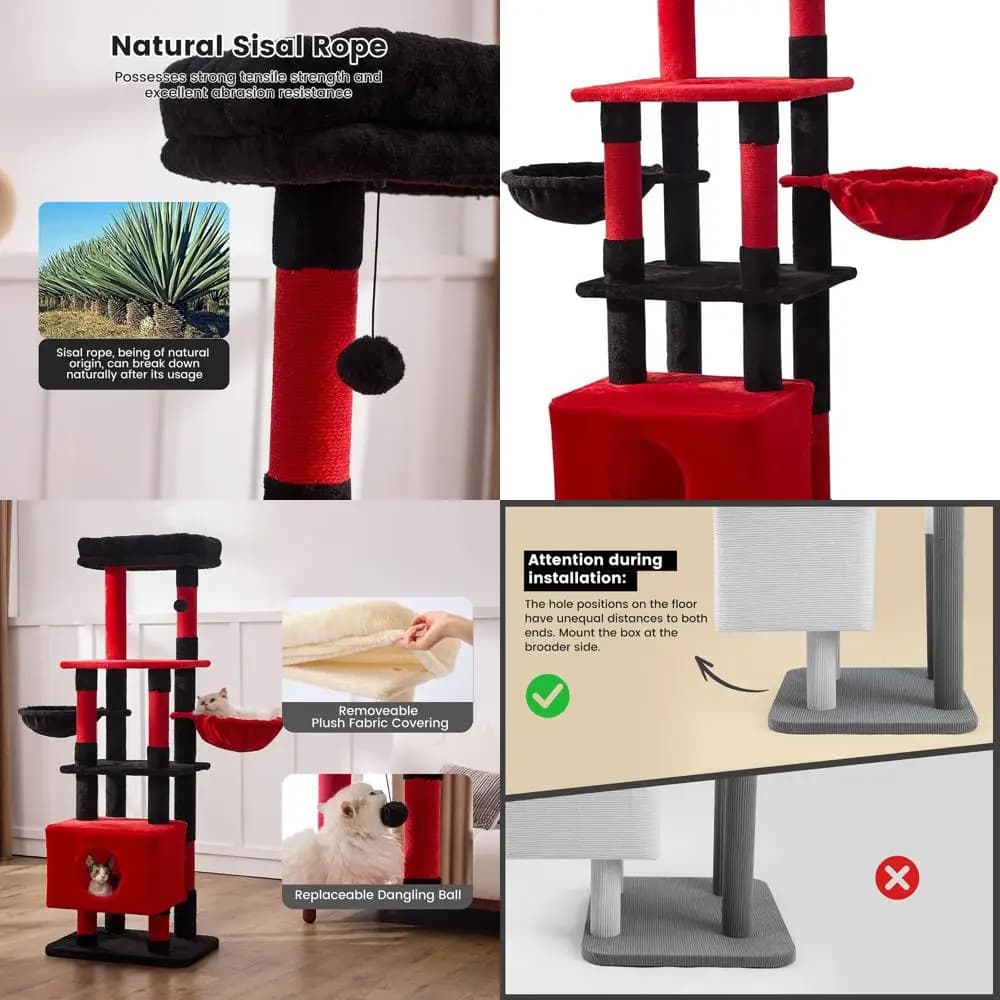 Grande albero per gatti multi-livello per carichi pesanti Cats' 65 con tiragraffi in sisal, amaca e piattaforme extra-large in nero rosso