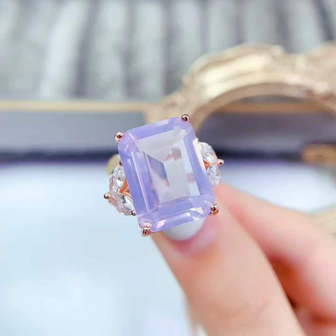 Anello in cristallo d'argento 925 con ametista naturale, 12 mm * 16 mm, 12 ct, gioielli con ametista viola chiaro con placcatura in oro 18 carati