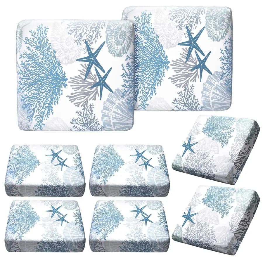 Set of 8 Summer Covers for Sofa, Elasticized Covers for Beach and Exterior Seats, Star Marina Motives, Shell, Coral, Spare Parts for Sofas and Chairs