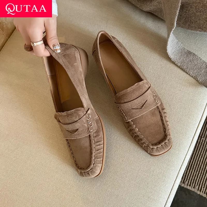 QUTAA 2026 Nuove Scarpe da Donna alla Moda, Mocassini in Pelle Scamosciata, Scarpe Casual Primaverili in Vera Pelle, Punta Tonda, Taglie 34-40