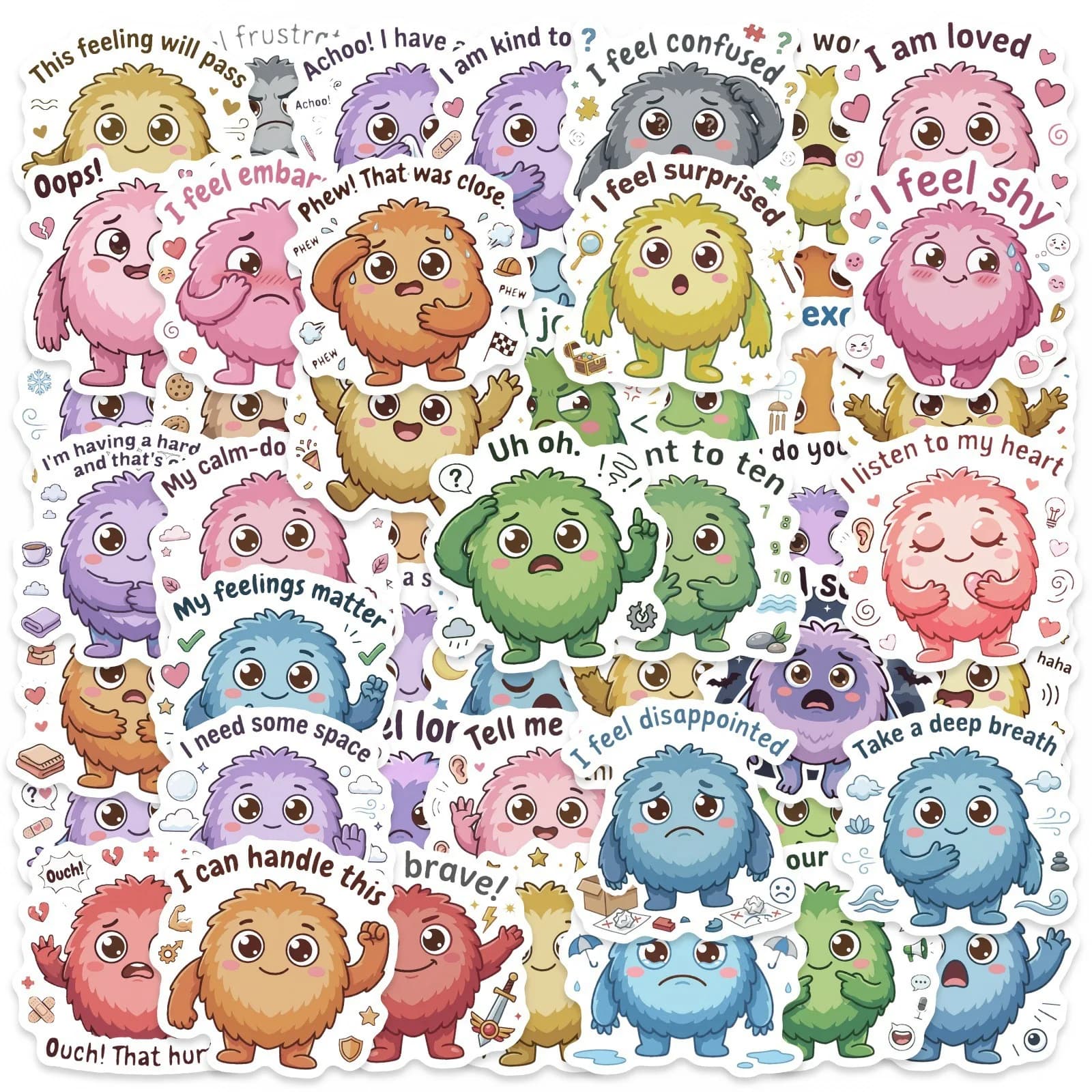 50/100 Pezzi Adesivi Impermeabili con Mostri Cartoon Carini per Riconoscimento Emozioni, per Tazze, Skateboard, Diari, Telefoni, Laptop, Cartelle