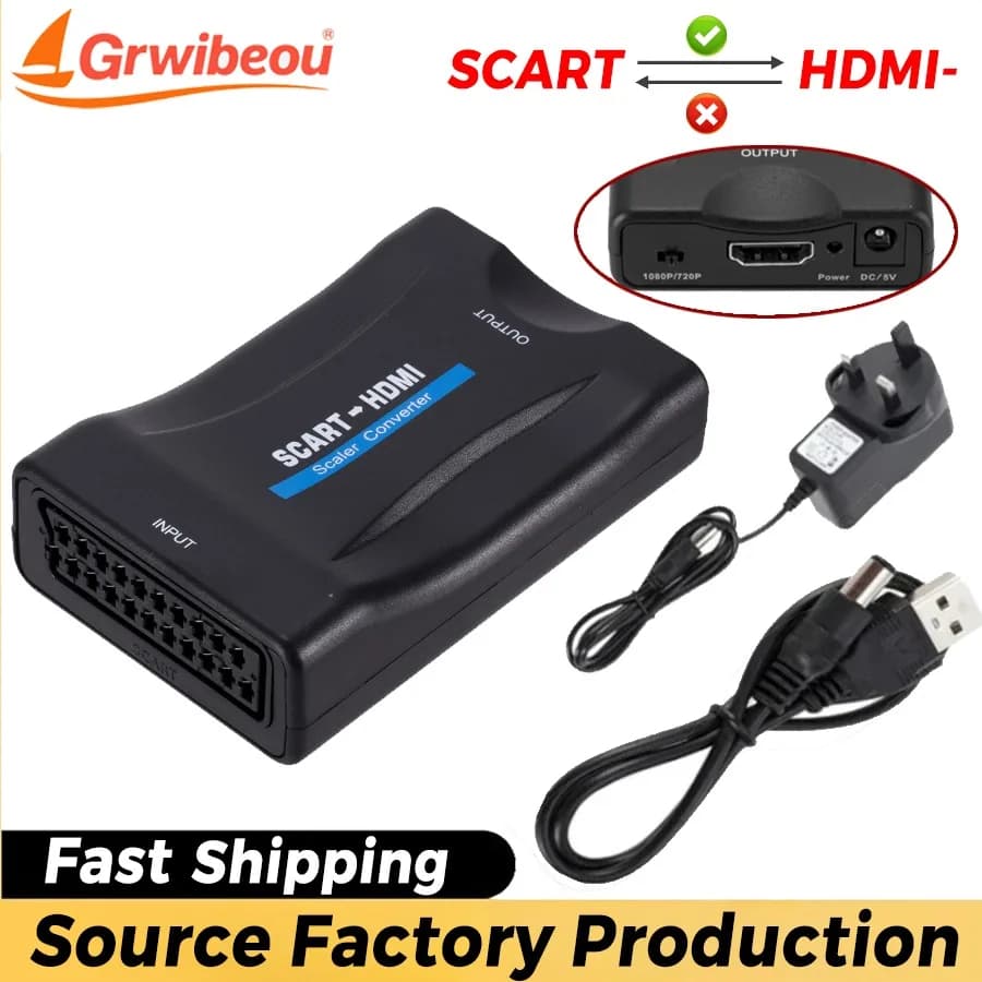 1080P SCART To HDMI-compatible Video Audio Upscale Converter Adapter for HD TV DVD for Sky Box STB Plug and Play DC Cable