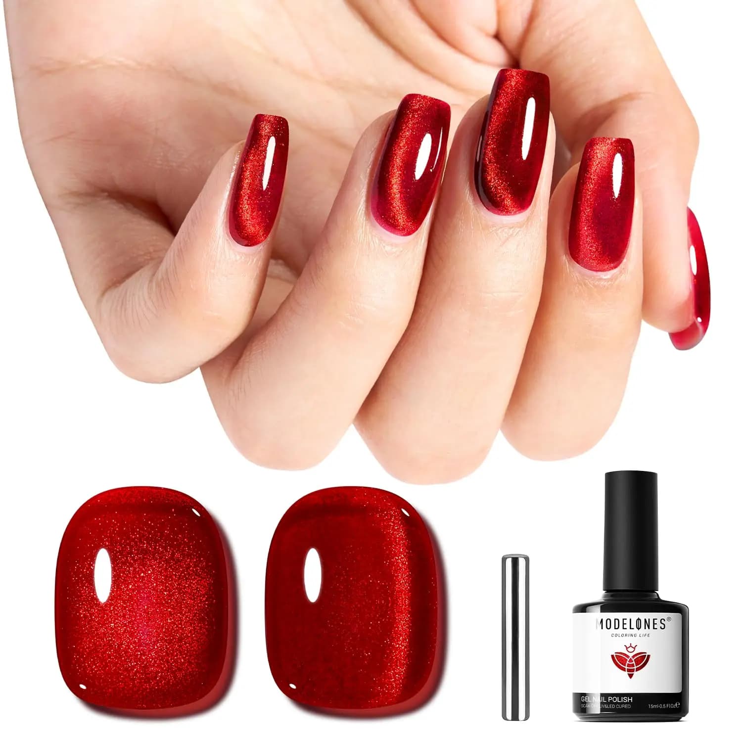 Smalto Semipermanente Gel Occhio di Gatto Rosso - Gel UV Magnetico Glitter Olografico Rosso Rubino per Manicure 15ml