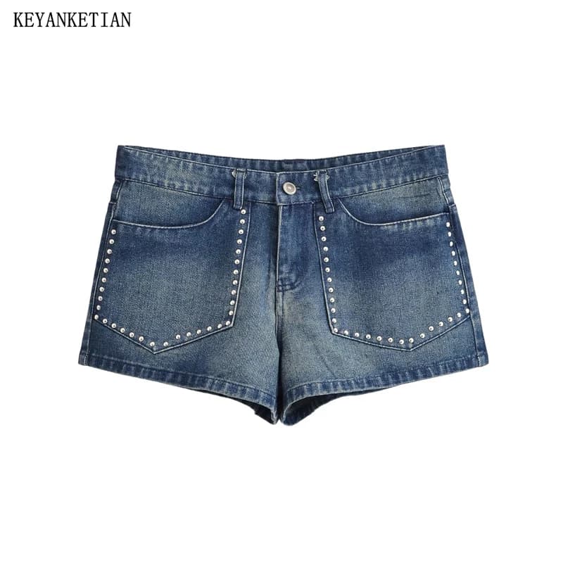 KEYANKETIAN 2026 Nuovi Shorts da Donna in Denim con Decorazioni Y2K, Vita Alta, Lavaggio Effetto Usurato, Pantaloncini Casual Streetwear per Club e Feste