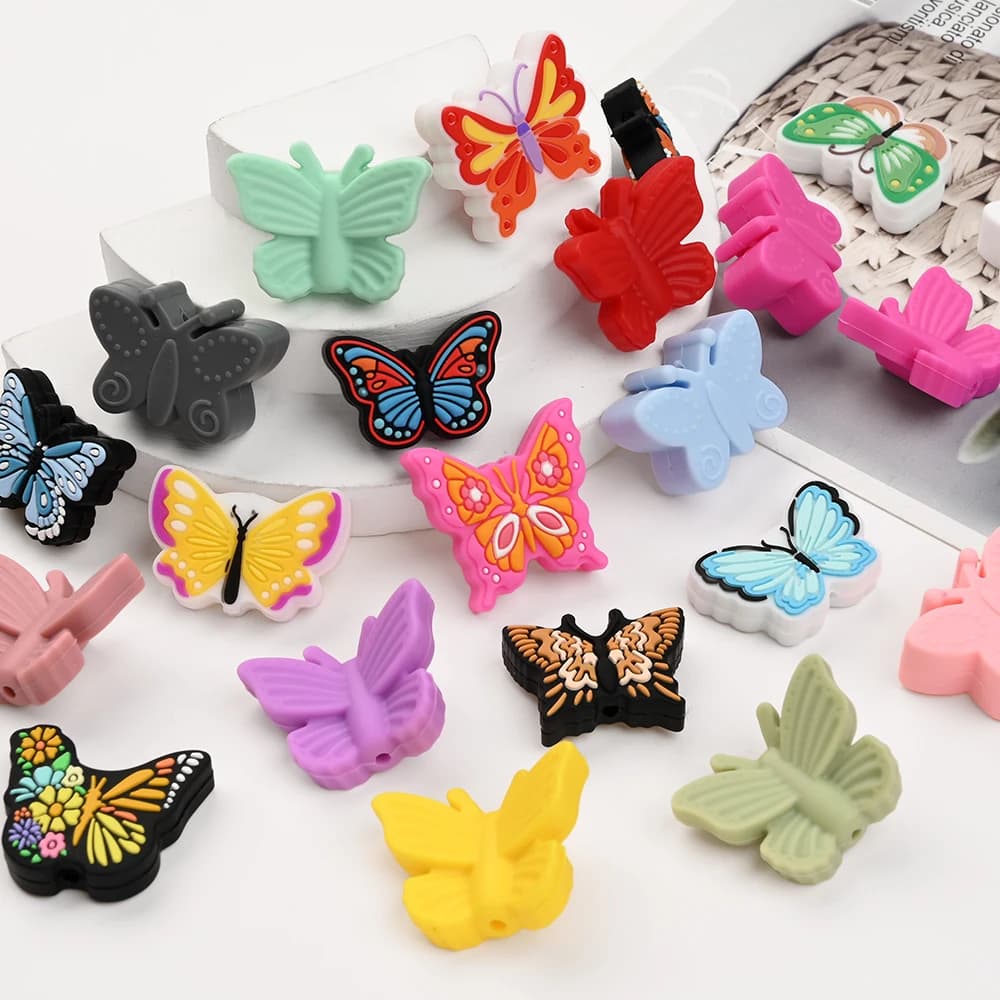5 pezzi perline di messa a fuoco in silicone animale farfalla colorata perline massaggiagengive fai da te per uso alimentare ciuccio catena porta ciuccio clip accessori