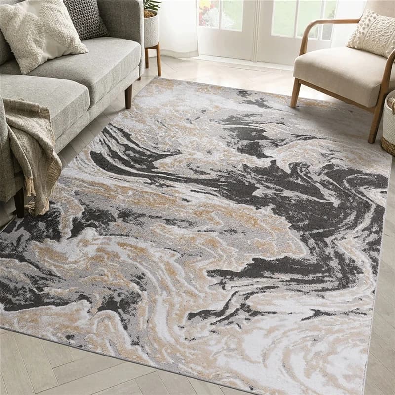 Abstract Marble Swirl Gold Grey Area Rug, Luxury Art Non-Slip Washable Carpet for Living Room Bedroom, Stain Resistant Floor Mat