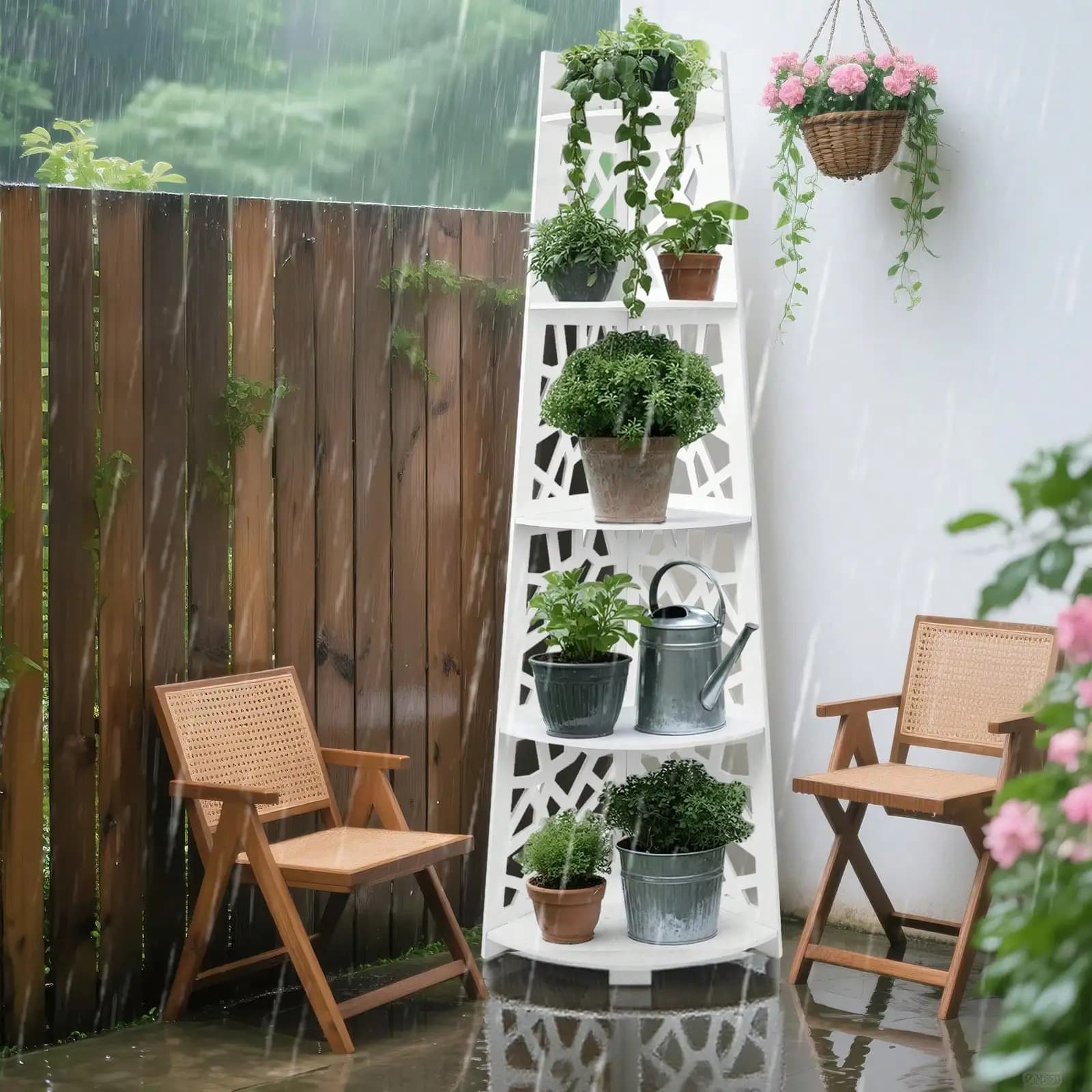 5-Tier Outdoor Corner Plant Stand, Waterproof White WPC Shelf Rack, Tall 59" Space-Saving Corner Organizer For Balcony, Patio