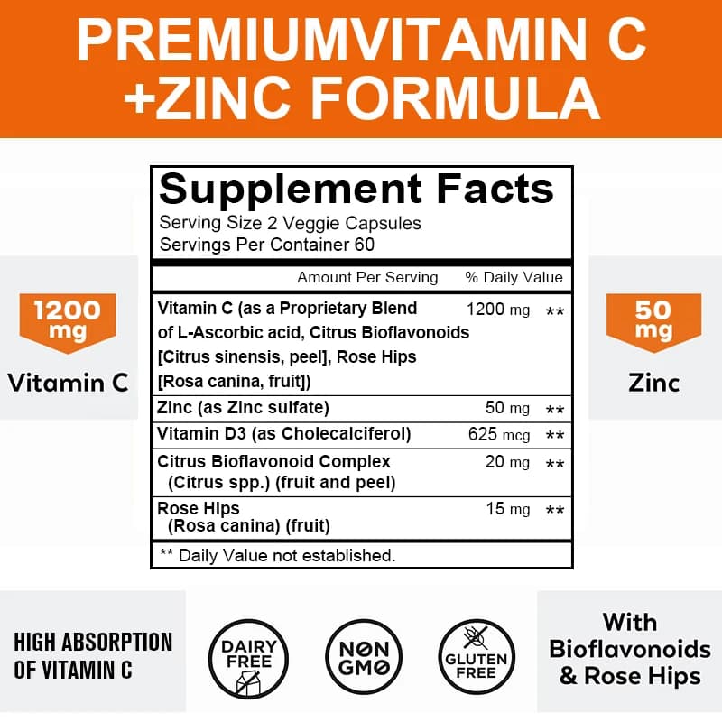 Capsule di vitamina C da 1200 mg - con zinco - Sistema immunitario e potenziatore del collagene, non OGM e vegetariano senza glutine