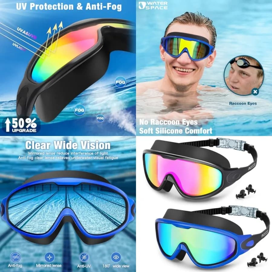 Occhialini da Nuoto Water Space, Confezione da 2, per Adulti Uomini e Donne, Antiappannamento, Protezione UV, Senza Perdite, Visione Ampia a 180°, Occhialini da Piscina con Visione Chiara