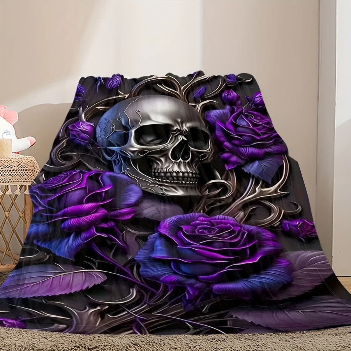 VIKAMA Gothic Skull Purple Rose Flannel Blanket Dark Tattoo Print Sofa Cover Halloween Goth Home Decor Gift