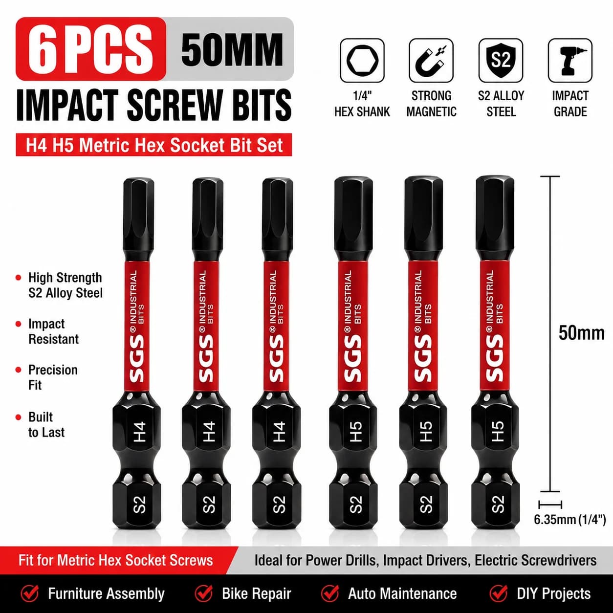 Set da 6 pezzi di punte esagonali magnetiche H4 H5, lunghe 50 mm, punte esagonali di grado S2 resistenti agli urti, punte per cacciavite esagonali, attacco esagonale da 1/4, adatte per montaggio di mobili, riparazione di biciclette, riparazione di stampanti 3D