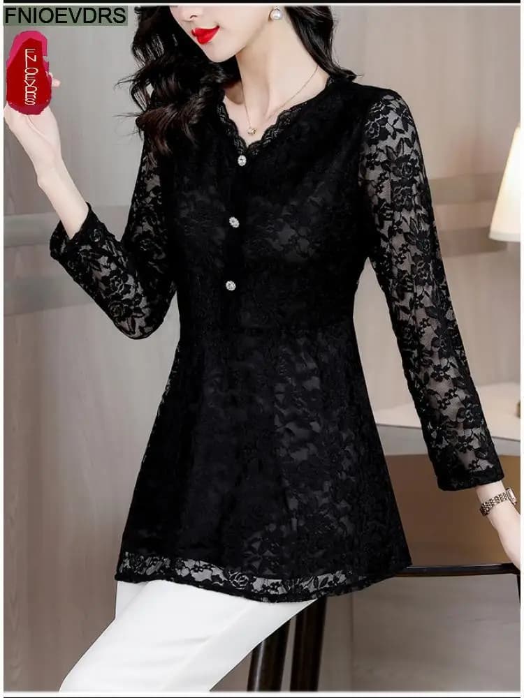 M-5XL 2023 donne inverno primavera Basic camicie di pizzo nero elegante ufficio signora sciolto Casual volant tunica peplo top e camicette