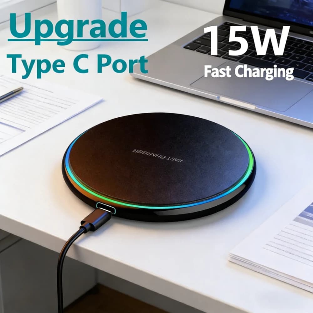 Caricatore Wireless Portatile 15W con LED, Stazione di Ricarica Rapida Universale per Telefoni con Cavo Type-C