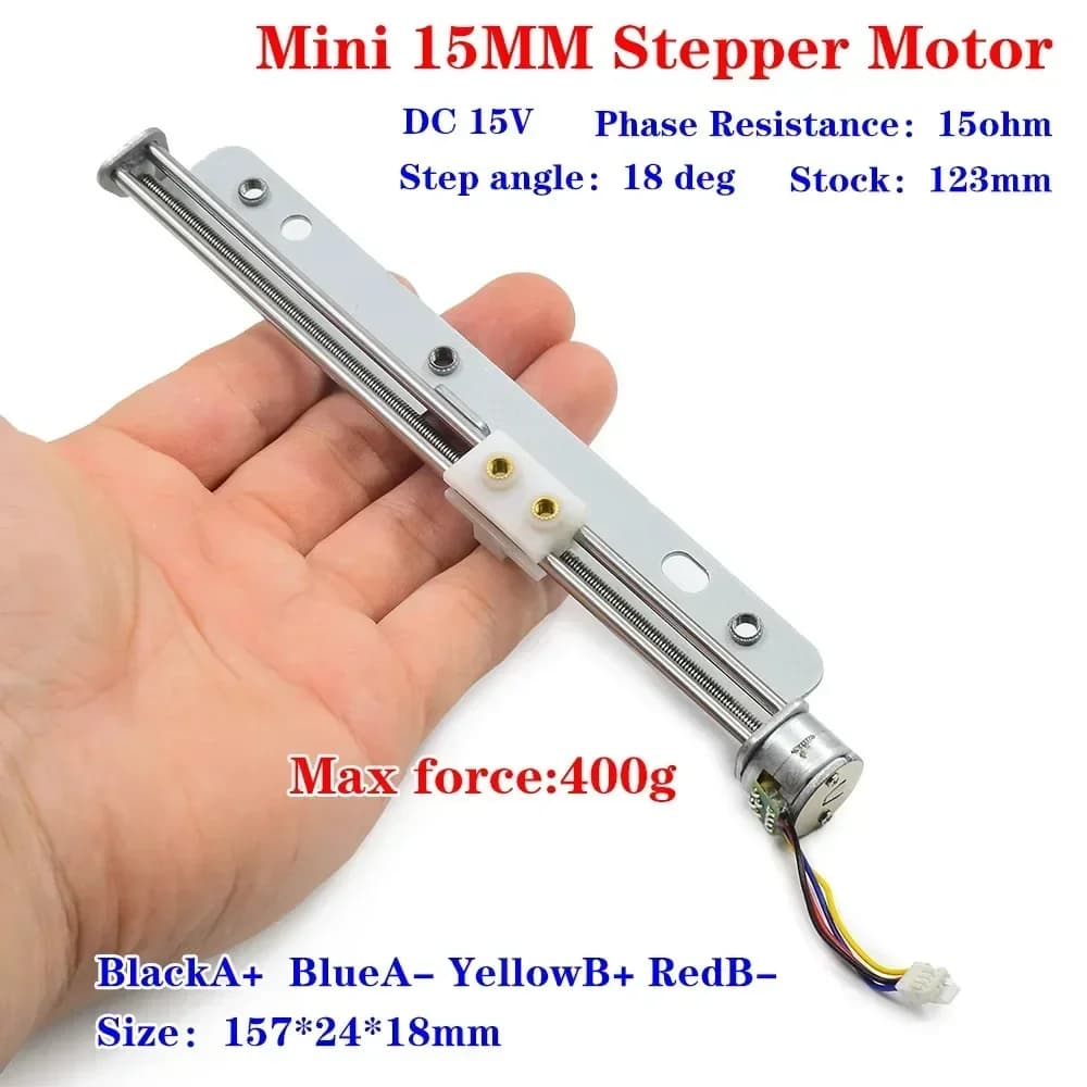 Motore passo-passo lineare micro bifase a 4 fili DC 15V con dado Corsa scorrevole lunga 122 mm 15 Ohm per stampante 3D