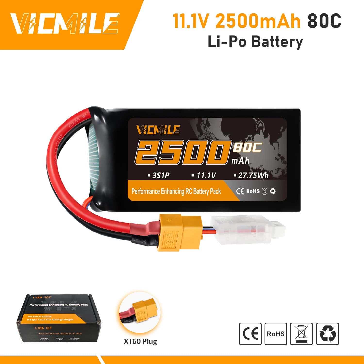 Batteria Lipo VICMILE 1-2 pezzi 11,1 V 2500 mAh 3S con spina XT60 adatta per aereo RC FPV Quadcopter elicottero drone e RC da corsa