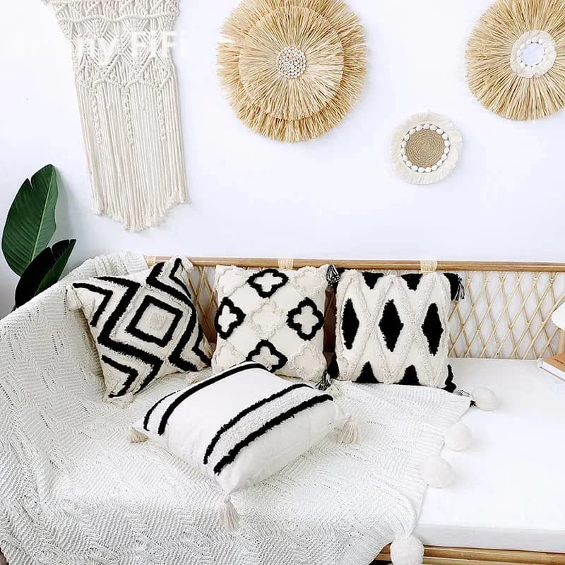 Boho Black Beige Tufted Cushion Cover 4 Corner Fringe Decorative Pillow Case 45X45/30X50CM Home Decorative Pillows for Sofa