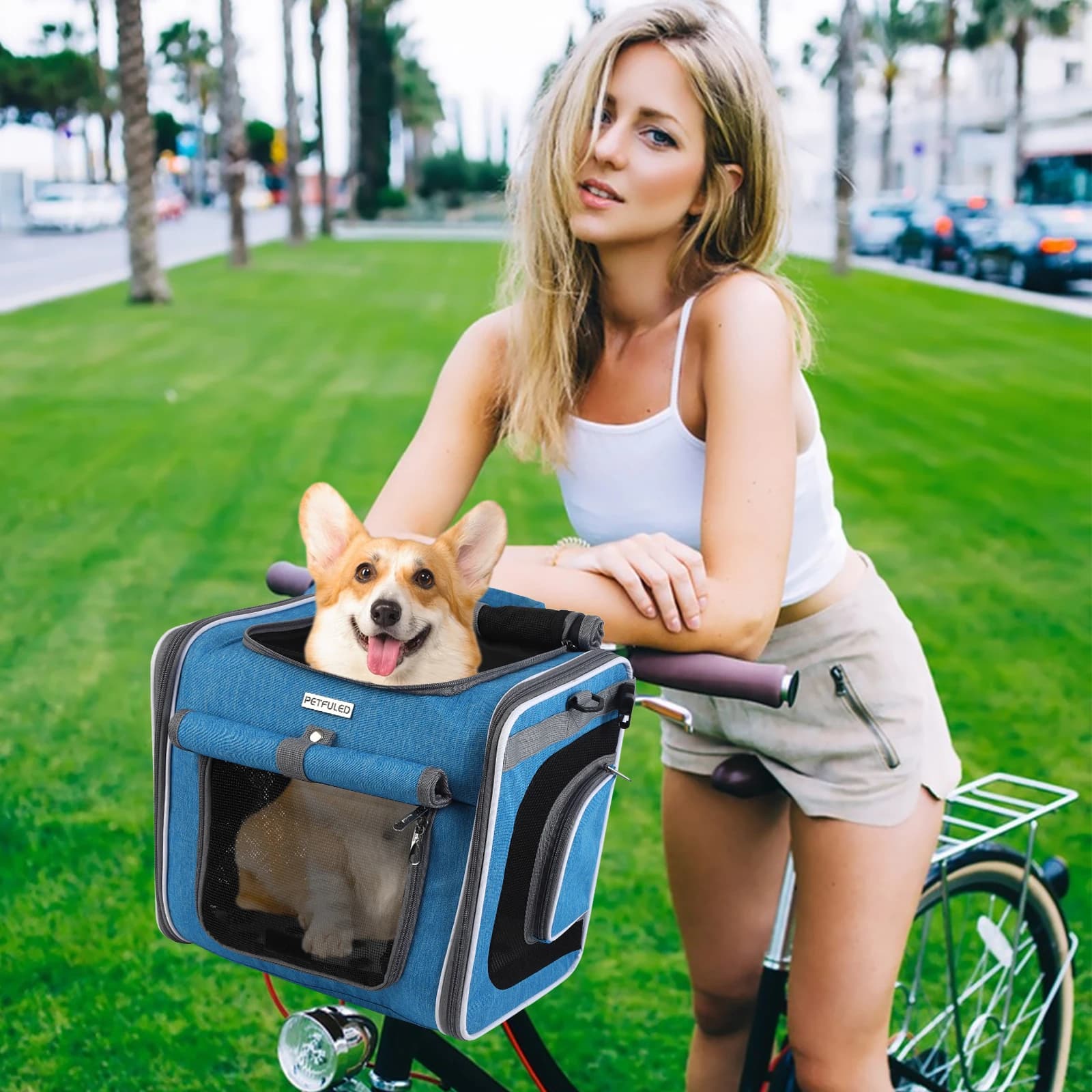 PETFULED-Cestino per bici per cani o gatti, zaino porta animali espandibile con lato morbido con 4 porte aperte, portabici pieghevole per cani, blu