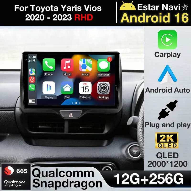 Autoradio Android 16 per Toyota Yaris Vios 2020 - 2023 RHD Wireless Carplay Video Player Auto Navi BT Stereo Telecamera 360 2K QLED