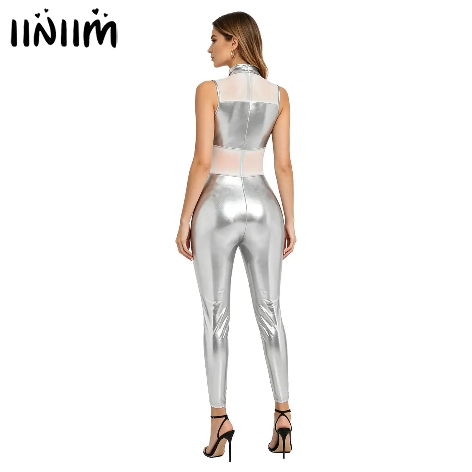 Tuta intera da donna lucida metallizzata aderente, stile unitard, per feste e discoteche, con collo alto e inserti in rete, effetto leggings trasparenti