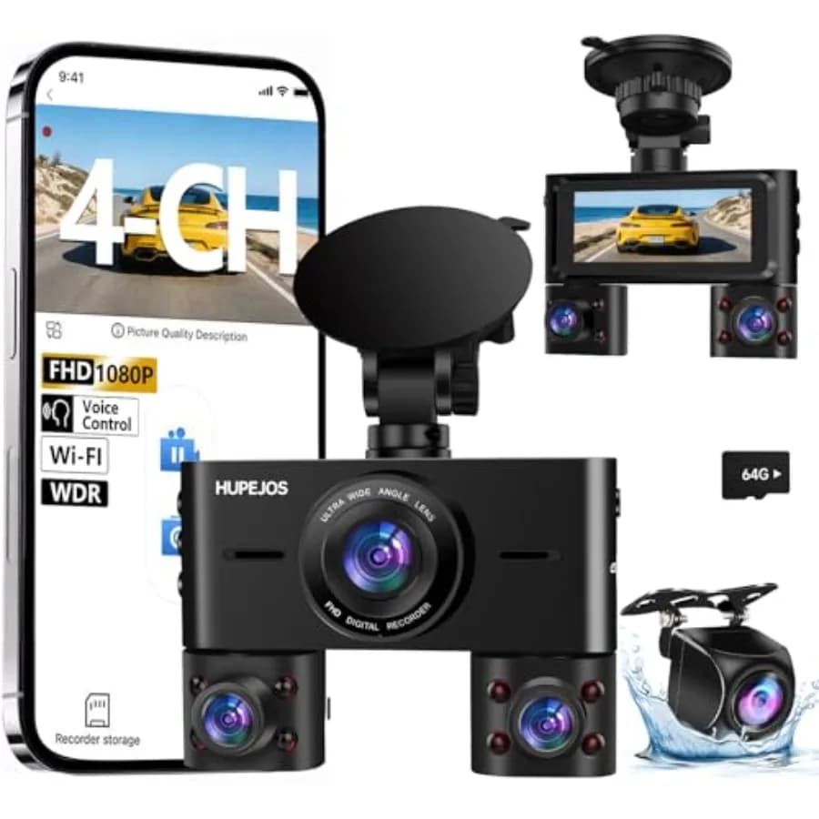 Sistema di telecamere per auto: 4 canali FHD 1080Px4 anteriore/posteriore, plastica ABS nera, copertura a 360° con visione notturna WDR, Wi-Fi integrato, 3