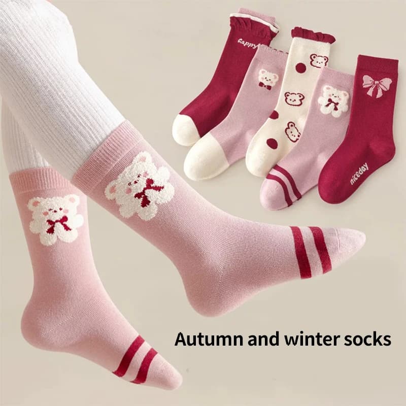 5 Pairs Children's Girls Bear Pattern Mid-Calf Socks Set Comfortable Soft Festive New Year Gift Socks