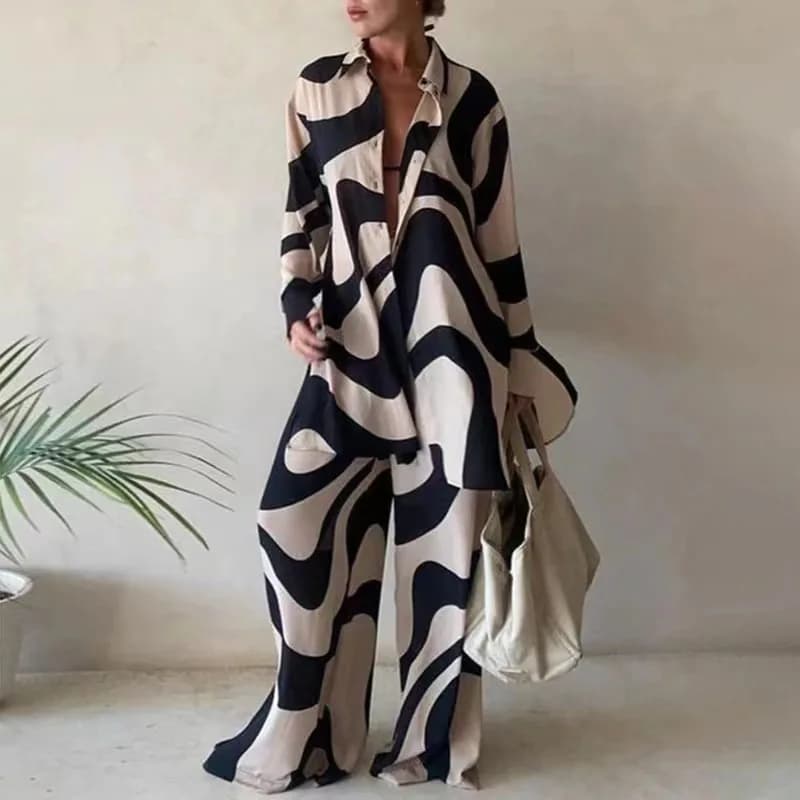 Fashionable Street Style Women's Outfit Loose Long Sleeve Printed Shirt And Straight Leg Pants Set New Arrival Casual Sportswear