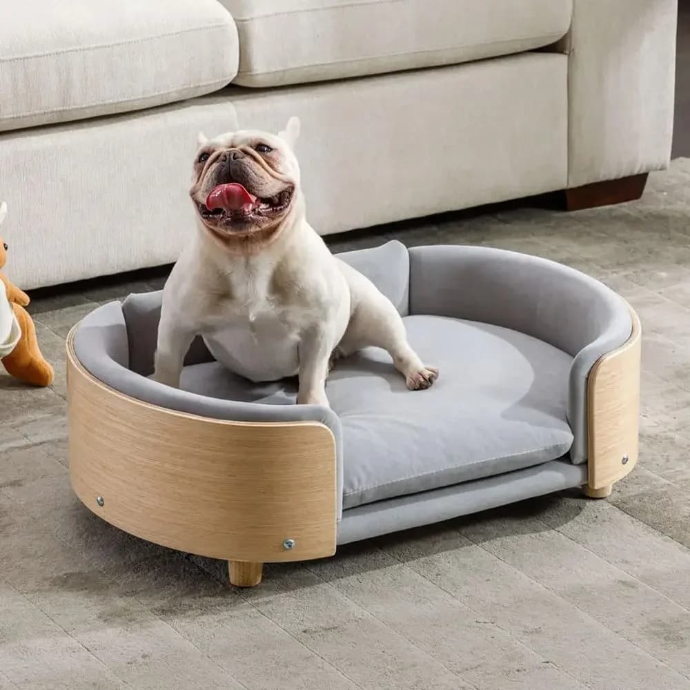 Solid Wood Dog Bed with Bent Backrest & Velvet Cushion for Cats & Small to Medium Dogs