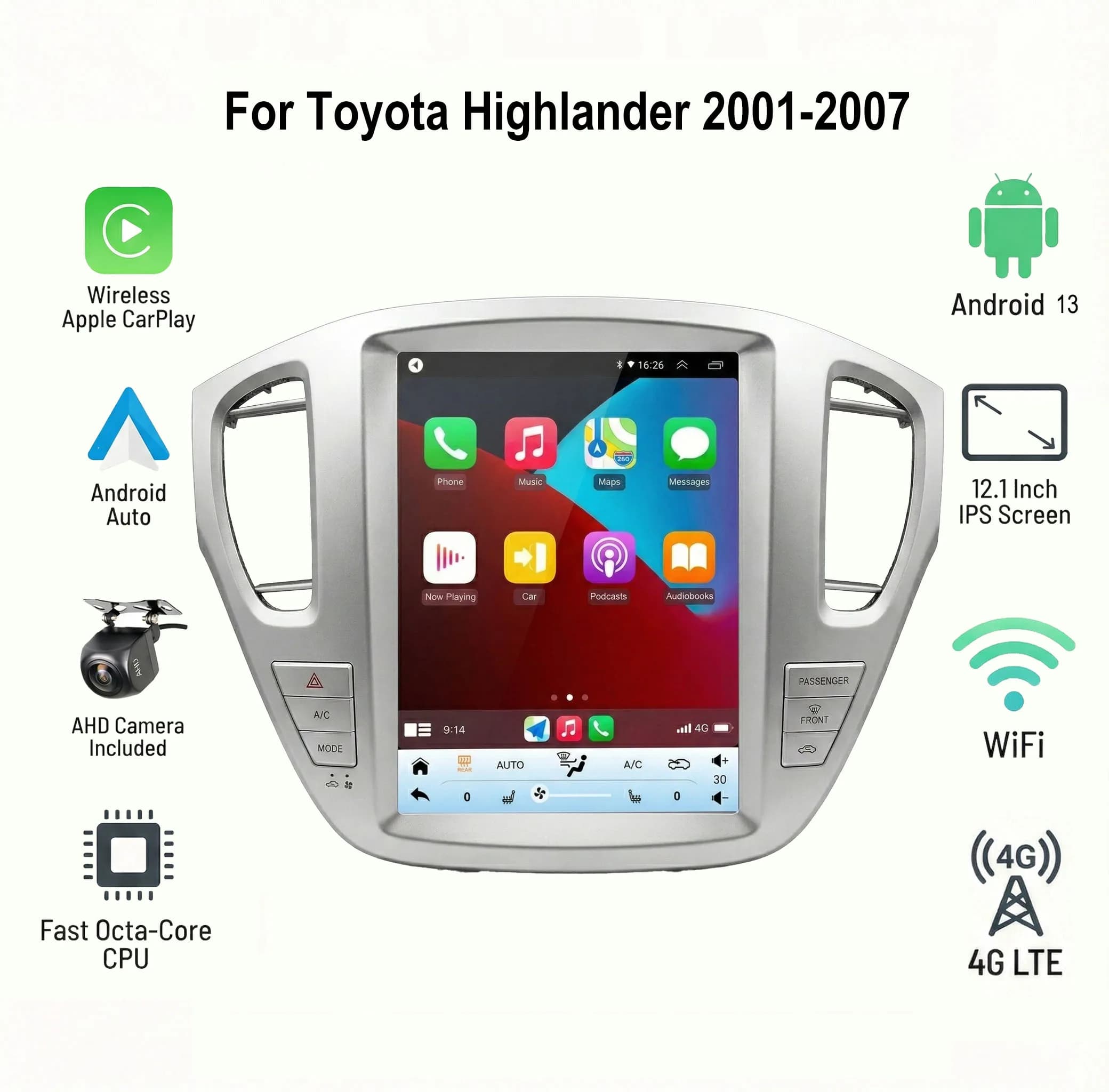 Autoradio con Schermo Verticale da 12,1 Pollici per Toyota Highlander 2001-2007, Radio Touch Compatibile con CarPlay e Android Auto, GPS