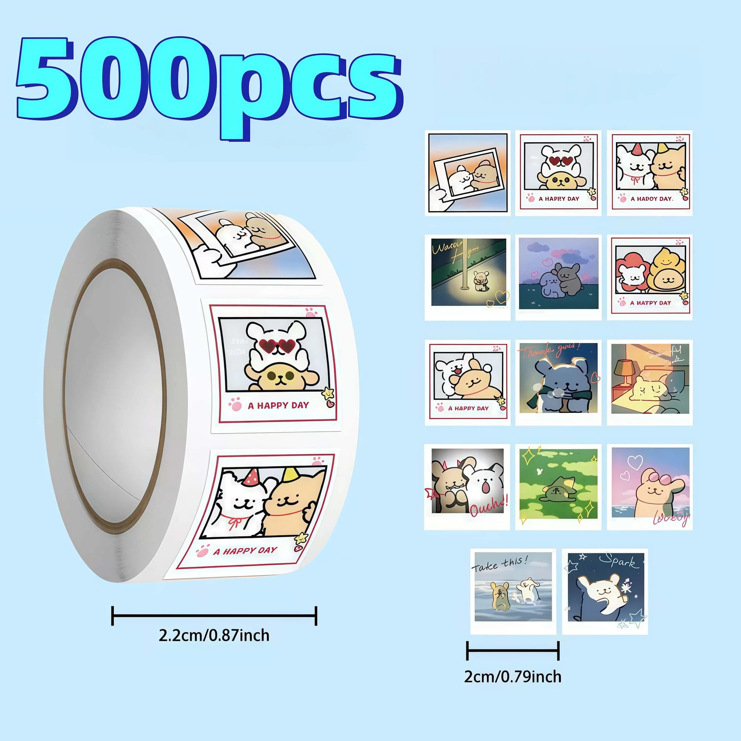 Rotolo di adesivi con cani in stile Polaroid da 500 pezzi, adorabili decalcomanie con scene per decorazioni, fai da te e regali